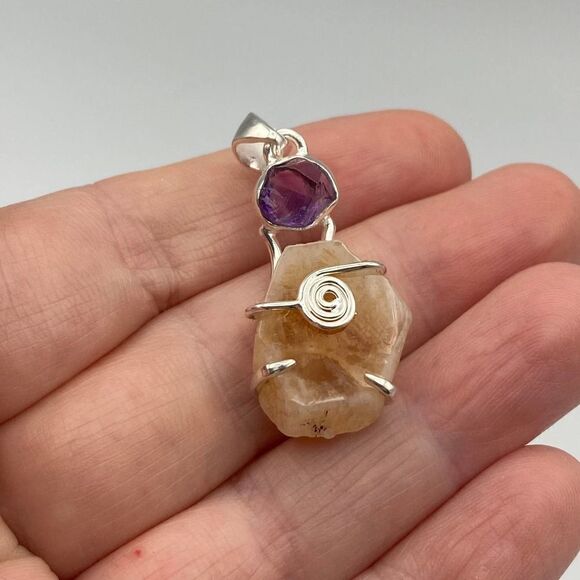 Citrine Stalactite & Amethyst Rough Sterling Silver Pendant - Picture 4 of 9